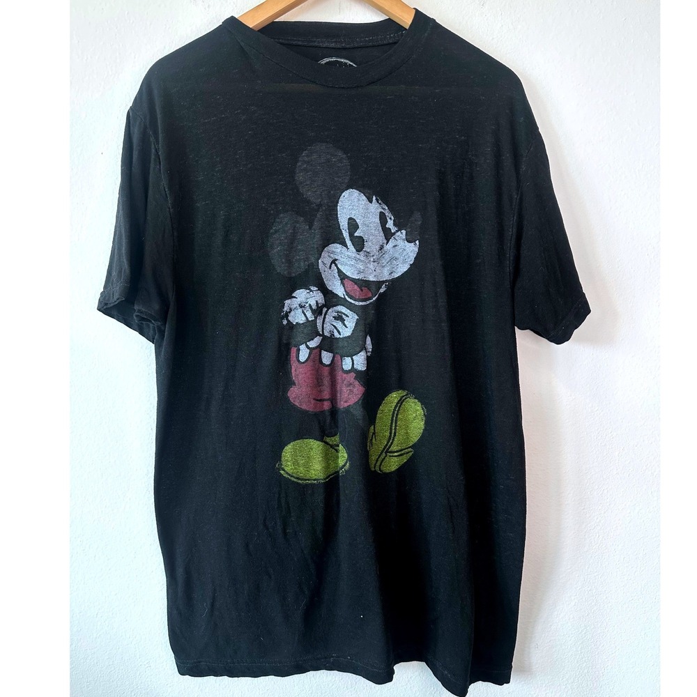 Disney Mickey Mouse Graphic T-Shirt Mens Large Black Distressed Vintage Burnout